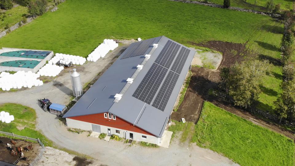 Bild över lantbruksfastighetens tak med solpaneler.